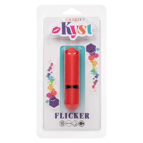 Kyst Flicker Red Tongue Vibrator packaged in colorful box with vibrant red color and features highlighted.