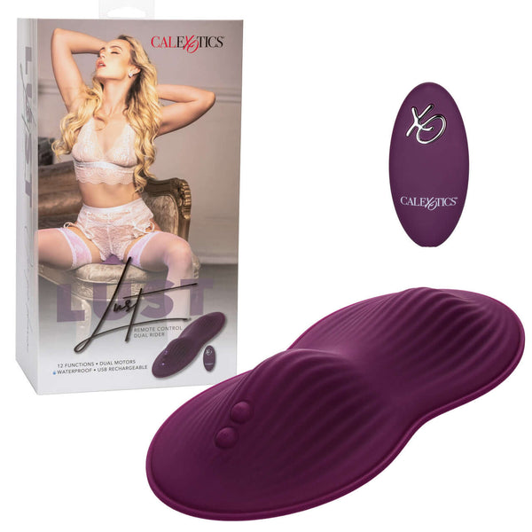 Lust Remote Control Dual Rider Purple Vibrator by California Exotic Novelties in packaging with remote control and vibrator displayed