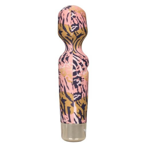 Pink and gold patterned personal massager with a flexible head and powerful motor for personalized vibration pleasure.
