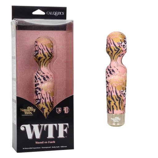 Naughty Bits WTF Wand To Fuck in packaging by California Exotic Novelties with animal print design and 10 vibration functions.
