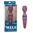 Naughty Bits W.I.L.F Wand massager in box with vibrant pattern and flexible design.