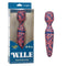 Naughty Bits W.I.L.F Wand massager in box with vibrant pattern and flexible design.