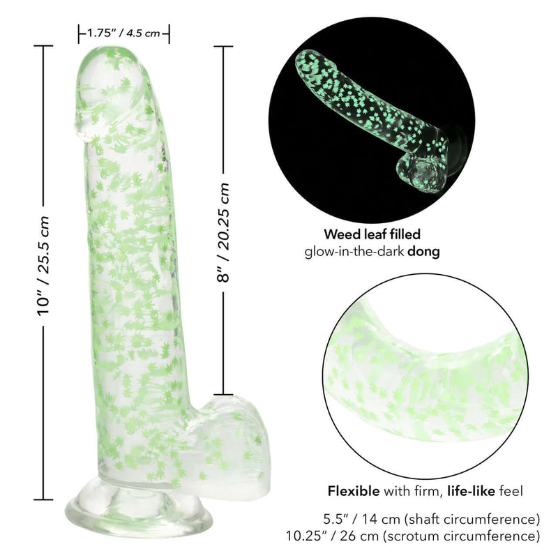 Naughty Bits I Leaf Dick Glow In The Dark Weed Leaf Dildo with suction cup base and life-like feel, featuring glow in the dark confetti design.