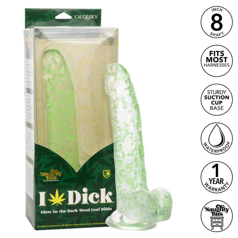 Naughty Bits glow in the dark weed leaf dildo with 8-inch lifelike shaft and suction cup base in packaging