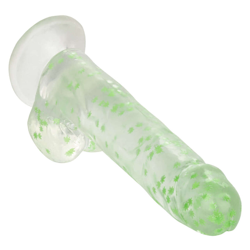 Naughty Bits I Leaf Dick Glow In The Dark Weed Leaf Dildo with suction cup base and 8-inch textured shaft.