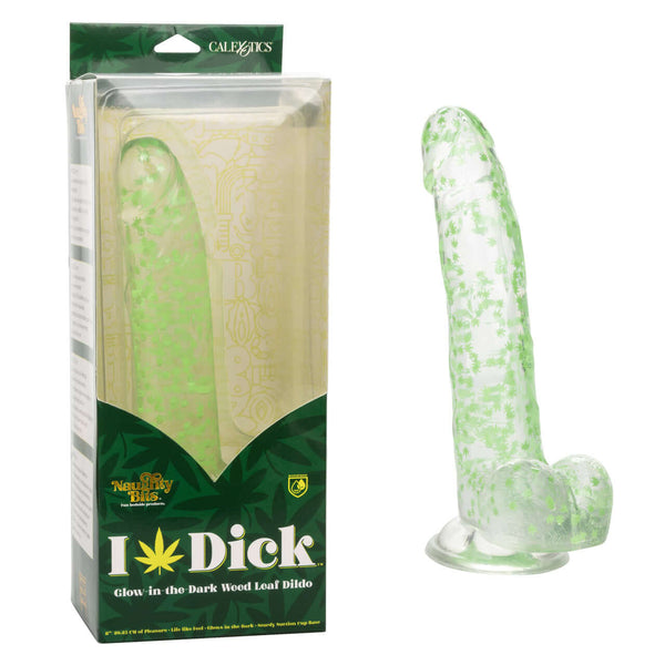 Naughty Bits I Leaf Dick Glow In The Dark Weed Leaf Dildo with Lifelike Texture and Suction Cup Base in Packaging