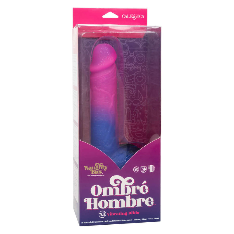 Naughty Bits Ombre Hombre XL Vibrating Dildo in packaging with glitter finish and 10 vibration functions from California Exotic Novelties.