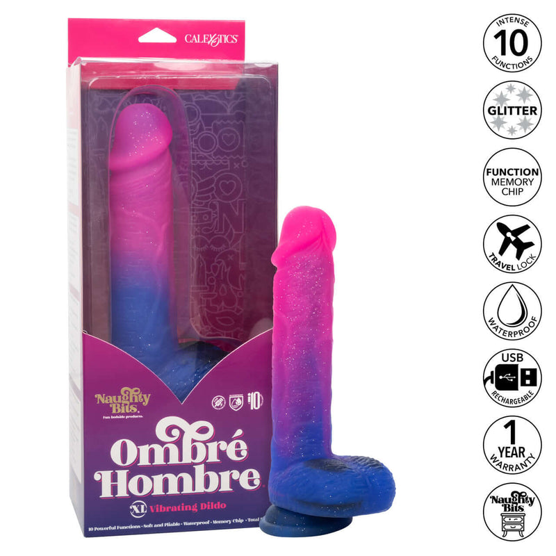 Naughty Bits Ombre Hombre XL Vibrating Dildo with glitter, 10 vibration functions, and USB charging, in packaging alongside product.