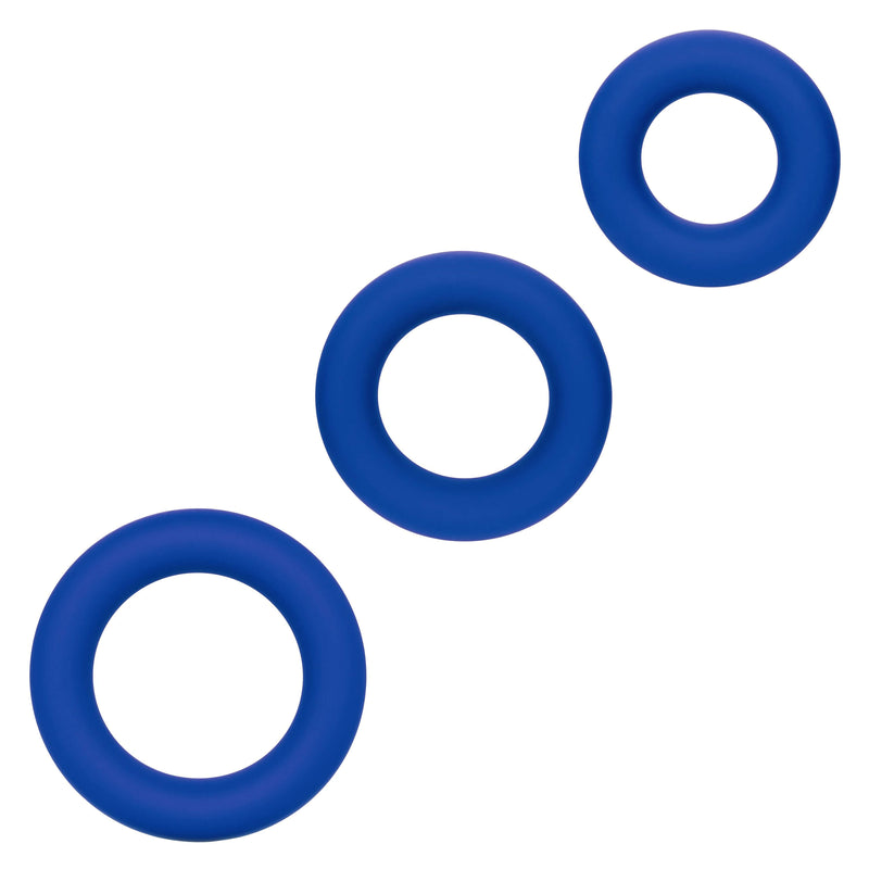 Set of 3 blue liquid silicone cock rings from Admiral Universal for enhanced performance and stamina
