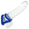 Three blue liquid silicone cock rings from the Admiral Universal Cock Ring Set shown on a transparent dildo for enhanced performance and stamina.