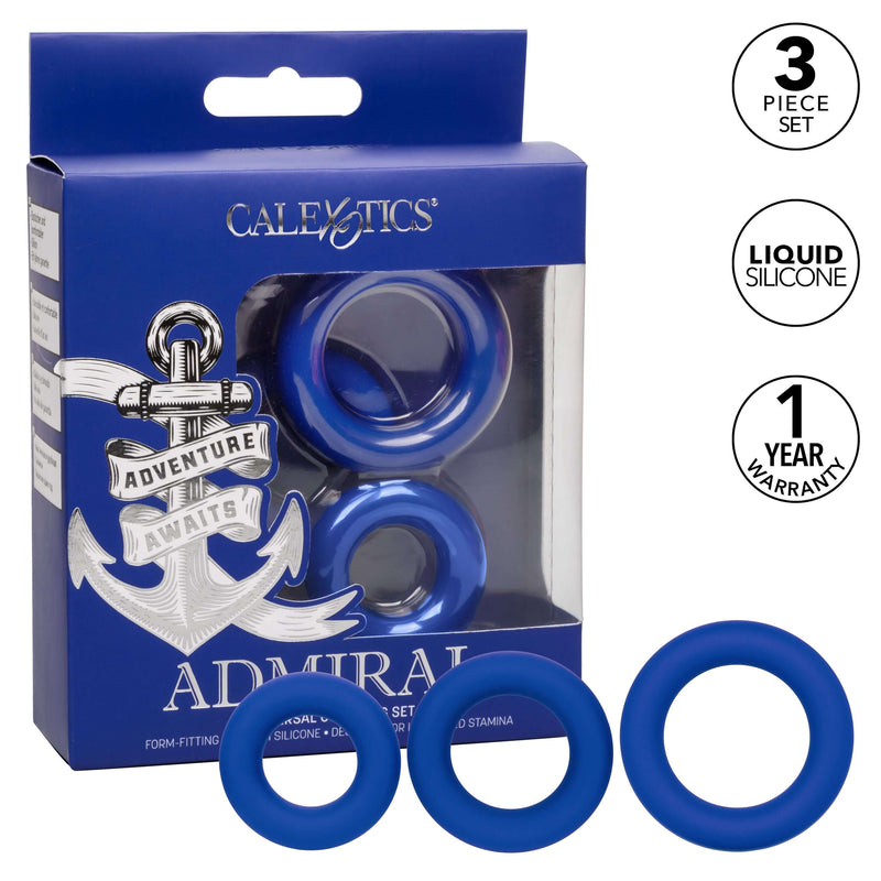 Admiral Universal Cock Ring Set of 3 Liquid Silicone Enhancers for Stamina and Support in Blue Packaging - California Exotic Novelties