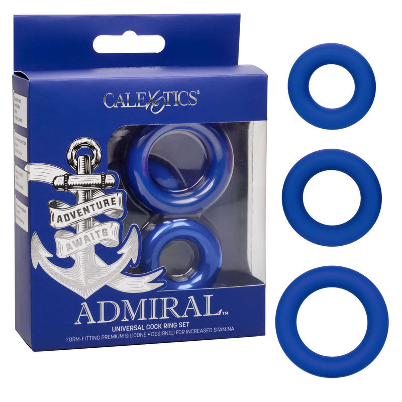 Admiral Universal Cock Ring Set - Set of 3 Liquid Silicone Rings for Enhanced Performance and Stamina in Blue Packaging