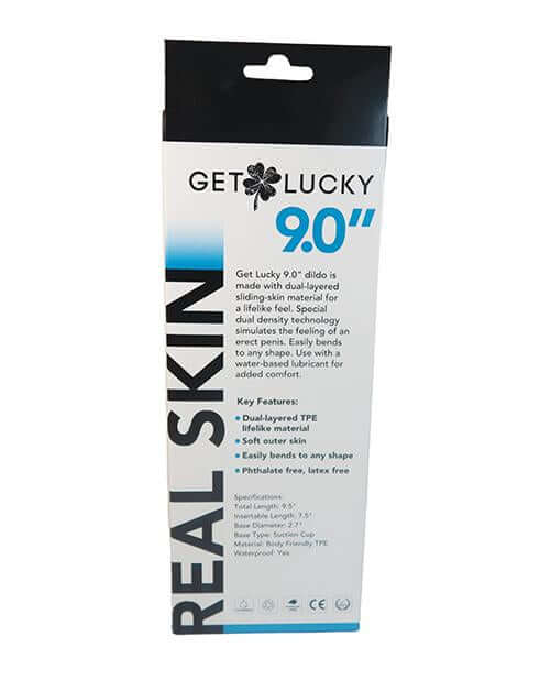 Packaging of Shibari Get Lucky Real Skin 9-Inch Dildo, Light Brown - Suction Cup, Harness Compatible, Body Safe, Thermoplastic Elastomers (TPE) Material
