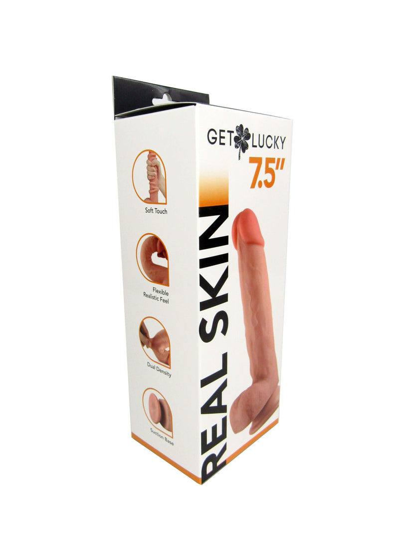 Packaging of Shibari Get Lucky 7.5 inches Real Skin Light Brown Dildo with product specifications and features.