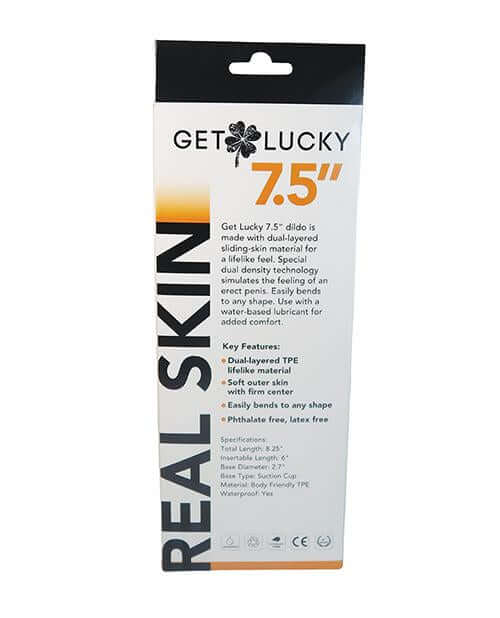 Packaging of Shibari Get Lucky 7.5 inches Real Skin Light Brown Dildo with product features and specifications.