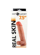 Shibari Get Lucky 7.5 inches Real Skin Light Brown Dildo packaging with realistic design and suction cup.