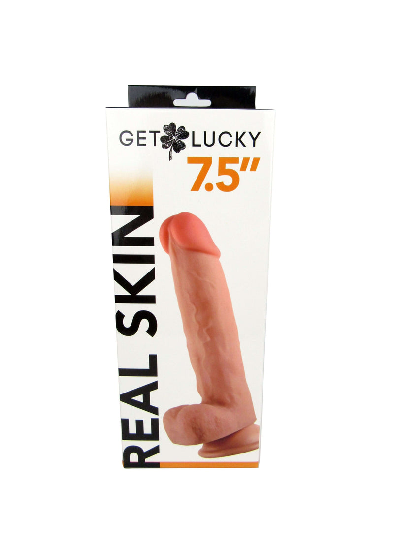 Shibari Get Lucky 7.5 inches Real Skin Light Brown Dildo packaging with realistic design and suction cup.