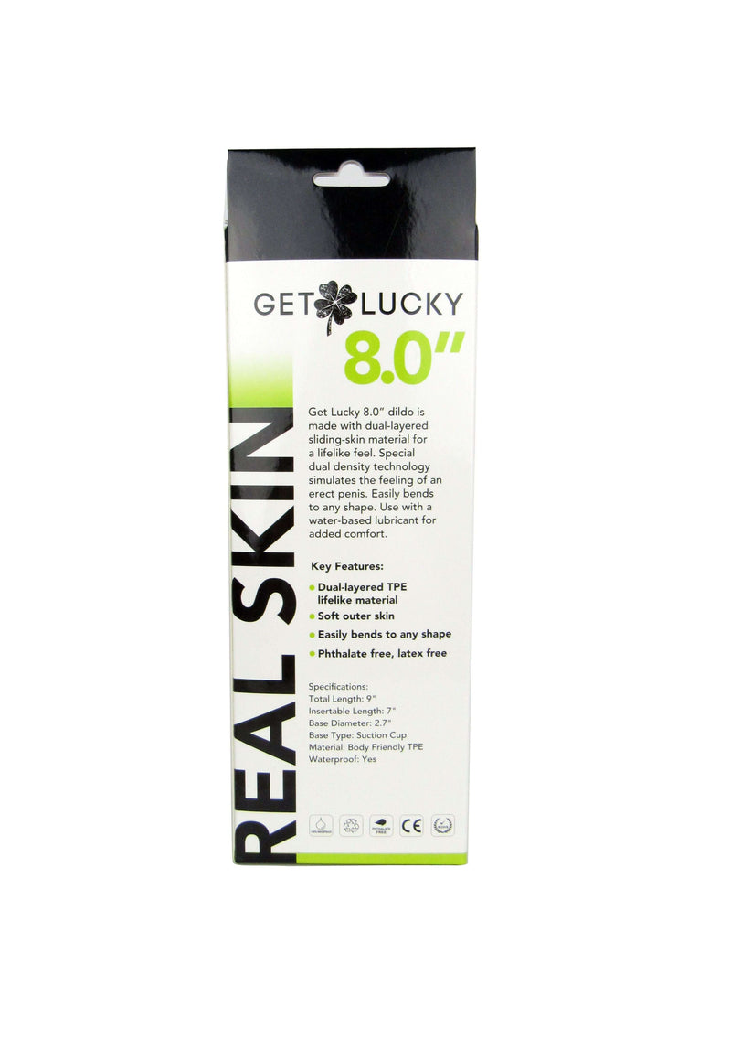 Shibari Get Lucky 8-Inch Real Skin Dildo packaging showing product features