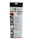Packaging of Shibari Get Lucky Mega Man 12-Inch Real Skin Dildo with key features and specifications listed on the box