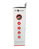 Packaging of Shibari Get Lucky 12-Inch Realistic Dildo showcasing features: soft touch, dual-layered, easy to clean, phthalate-free.