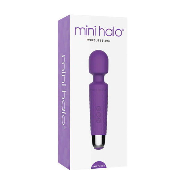 Shibari Mini Halo Amethyst Wand Massager in packaging, showcasing its compact design and powerful features.