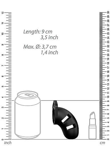 Mancage Model 20 Chastity Cock Cage size comparison with soda can and lipstick, showing dimensions 9 cm length, 3.7 cm diameter.