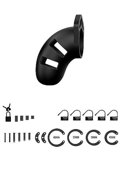 Mancage Model 20 Chastity Cock Cage with accessories for ultimate BDSM control and liberation – black finish and multiple lock options.