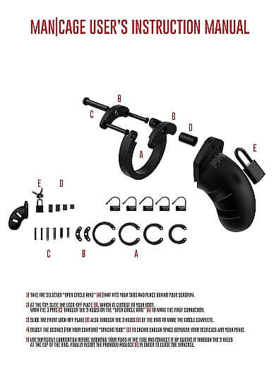 Mancage Model 20 Chastity Cock Cage User's Instruction Manual with labeled parts for BDSM control and usage guidance.