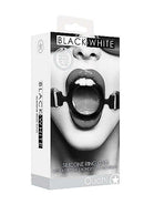 Black and White Silicone Ring Gag packaging with adjustable leather straps, designed for comfortable BDSM play.