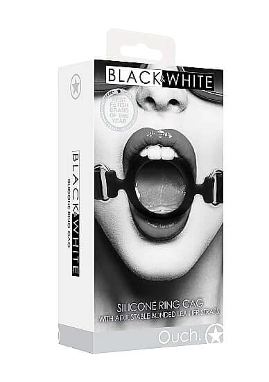 Black and White Silicone Ring Gag packaging with adjustable leather straps, designed for comfortable BDSM play.