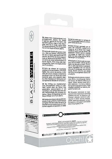 Packaging of the Black and White Silicone Ring Gag with Adjustable Straps, featuring product information and instructions.
