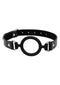 Black and white silicone ring gag with adjustable straps for BDSM, featuring a smooth O-ring and durable construction.