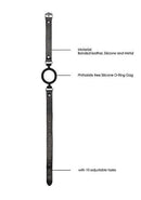 Black and white silicone ring gag with adjustable straps, made of bonded leather, silicone, and metal, featuring 10 adjustable holes.