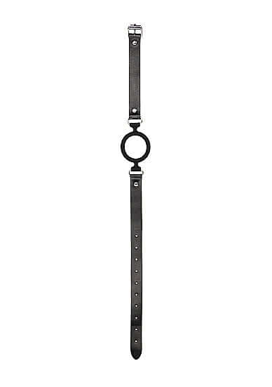 Black and white silicone ring gag with adjustable straps for BDSM play, featuring medical-grade silicone for comfort.