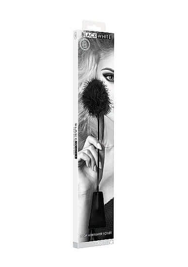Ouch! Black and White Bondage line Black Crop with Feather Tickler