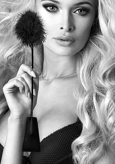 Ouch! Black and White Bondage line Black Crop with Feather Tickler