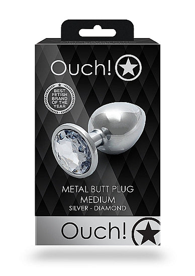 Ouch! Round Gem Butt Plug Medium Silver with Faux Diamond