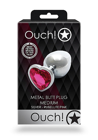 Ouch! Heart Gem Butt Plug Medium Silver *Rubellite Pink