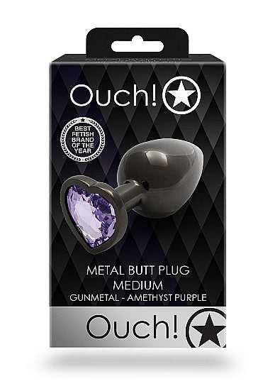Ouch! Heart Gem Butt Plug Medium Gunmetal Amethyst