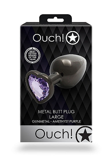 Ouch! Heart Gem Butt Plug Large Gunmetal Amethyst - Discover Elegance and Pleasure
