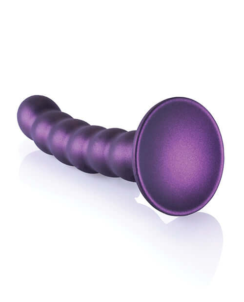 Metallic purple beaded silicone G-Spot dildo with suction cup, 5 inches from Shots Toys.