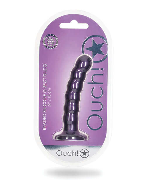 Ouch! Beaded Silicone G-Spot Dildo 5 inches Metallic Purple in packaging with suction cup.