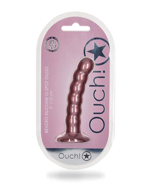 Ouch! Beaded Silicone G-Spot Dildo 5 inches Rose Gold in packaging, strong suction cup, premium silicone, metallic color, Shots Toys