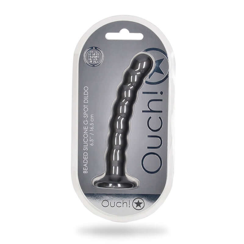 Ouch! Beaded Silicone G-Spot Dildo 6.5 inches Gunmetal Gray in packaging