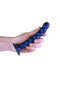 Hand holding Ouch! Beaded Silicone G-Spot Dildo 6.5 inches Metallic Blue with suction cup base.