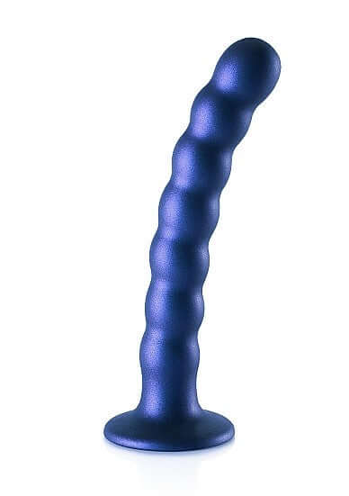 Premium 6.5 inch metallic blue beaded silicone G-spot dildo with suction cup base.