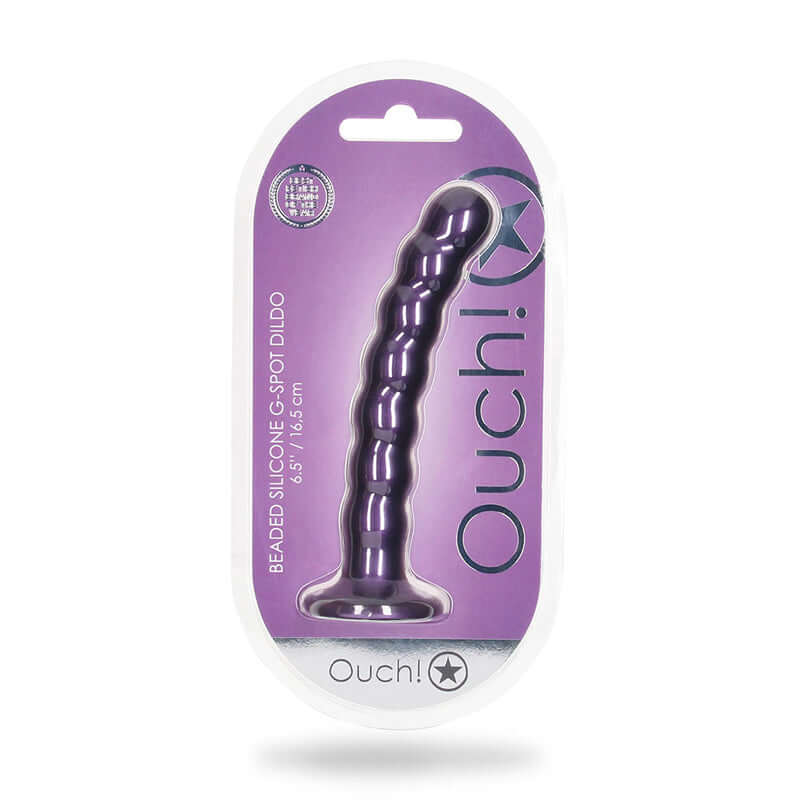 Ouch! Beaded Silicone G-Spot Dildo 6.5 inches Metallic Purple in packaging