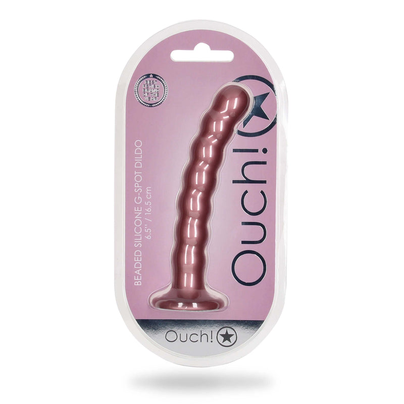 Ouch! Beaded Silicone G-Spot Dildo 6.5 inches Rose Gold in packaging with strong suction cup