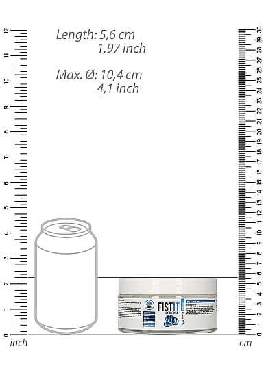 Fist It Extra Thick Water Based Lubricant 300ml size comparison to soda can with measurements in inches and centimeters.