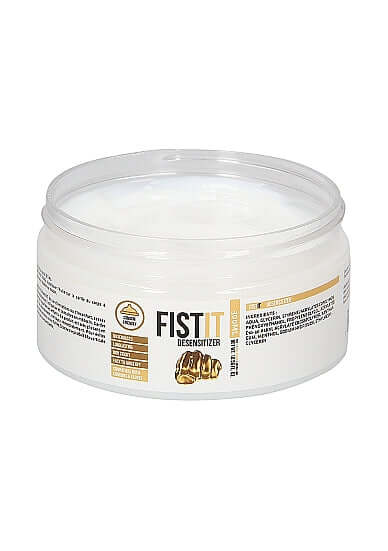 Fist It Numb Water-Based Lubricant 10.1 oz by Shots Toys, open container showing product with label information.